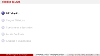 Tópicos da Aula
1 Introdução
2 Cargas Elétricas
3 Condutores e Isolantes
4 Lei de Coulomb
5 A Carga é Quantizada
MFL/AJS : Eng Civil - Eng Produção CARGAS ELÉTRICAS E A FORÇA ELÉTRICA Campus do Sertão - UFAL – Eixo de Tec 2 / 21
 