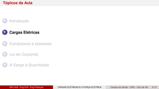 Tópicos da Aula
1 Introdução
2 Cargas Elétricas
3 Condutores e Isolantes
4 Lei de Coulomb
5 A Carga é Quantizada
MFL/AJS : Eng Civil - Eng Produção CARGAS ELÉTRICAS E A FORÇA ELÉTRICA Campus do Sertão - UFAL – Eixo de Tec 5 / 21
 