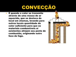  É quando o calor se transmite
através de uma massa de ar
aquecida, que se desloca do
local em chamas, levando para
outros locais quantidade de
calor suficiente para que os
materiais combustíveis aí
existentes atinjam seu ponto de
combustão, originando outro
foco de fogo.
 