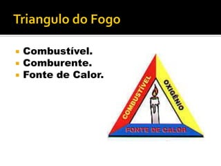  Combustível.
 Comburente.
 Fonte de Calor.
 