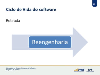 23
Ciclo de Vida do software
Retirada
23
Reengenharia
Introdução ao Desenvolvimento de Software
Janynne L. S. Gomes
 