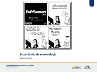 Importância da metodologia
Descontraindo...
37
Introdução ao Desenvolvimento de Software
Janynne L. S. Gomes
 