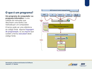 O que é um programa?
Um programa de computador ou
programa informático é uma
coleção de instruções que
descrevem uma tarefa a ser
realizada por um computador.
O termo pode ser uma referência
ao código fonte alguma linguagem
de programação, ou ao arquivo que
contém a forma executável deste
código fonte.
Introdução ao Desenvolvimento de Software
Janynne L. S. Gomes
 