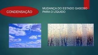 CONDENSAÇÃO
MUDANÇA DO ESTADO GASOSO
PARA O LÍQUIDO
 