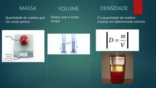 MASSA VOLUME DENSIDADE
Quantidade de matéria que
um corpo possui;
Espaço que o corpo
ocupa;
É a quantidade de matéria
(massa) em determinado volume;
 