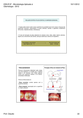 ICB/UFJF - Microbiologia Aplicada à 
Odontologia - 2012 
19/11/2012 
RELAÇÃO ENTRE A PLACA DENTAL E A MARGEM GENGIVAL 
 A placa pode crescer sobre outras superfícies da cavidade bucal como sulcos e fissuras das 
superfícies oclusivas, restaurações e coroas artificiais, bandas e aparelhos ortodônticos 
removíveis, implantes dentais, e dentaduras. 
 A taxa de formação da placa depende de variáveis como: dieta, idade, fatores salivares, 
higiene oral, alinhamento dos dentes, doenças sistêmicas e fatores do hospedeiro. 
Quantidades mensuráveis 
após higiene oral – 1h 
Acúmulo máximo de 
placa – 30 dias 
• Placa supragengival 
Torna-se clinicamente detectável após atingir 
uma boa espessura. À medida que o biofilme 
cresce e se acumula uma massa globular 
visível com superfície nodular e cor branco-amarelada 
é detectada. 
Pode ser diferenciada em: 
- Placa coronária: contato apenas com a 
superfície dentária. 
- Placa marginal: associação com a superfície 
e margem gengival. 
Prof. Cláudio 22 
 