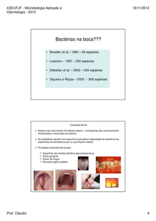 ICB/UFJF - Microbiologia Aplicada à 
Odontologia - 2012 
19/11/2012 
Bactérias na boca??? 
• Bowden et al.– 1984 – 60 espécies 
• Loesche – 1997 – 200 espécies 
• Debelian et al. – 2002 – 530 espécies 
• Siqueira e Rôças – 2005 ~ 800 espécies 
Cavidade Bucal: 
 Sistema de crescimento microbiano aberto – as bactérias são continuamente 
introduzidas e removidas do sistema. 
 Se estabelece aquele microrganismo que possui capacidade de aderência às 
superfícies da cavidade bucal, ou que fiquem retidos 
 Principais ecossistemas bucais: 
 Superfície dos dentes (biofilme placa bacteriana) 
 Sulco gengival 
 Dorso da língua 
 Mucosas jugal e palatal 
Prof. Cláudio 4 
 