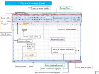1.1 Tela do Microsoft Excel
Botão Office
ou Menu
“Arquivo”
Barra de Título
Célula Activa
Planilhas/
Folha de
cálculo
Barra de Menu
Barra de Fórmulas
Barra de Status
Barra de Zoom
Barra de Acesso Rápido
Linhas e colunas
Barras de rolagem horizontal e
vertical
Nova planilha
Botão visualização normal
Botão visualização da página
Pré-visualização de quebra de página
Caixa de nome
1
 