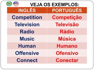 VEJA OS EXEMPLOS:
  INGLÊS      PORTUGUÊS
Competition   Competição
 Television    Televisão
   Radio         Rádio
   Music        Música
  Human        Humano
 Offensive     Ofensivo
  Connect      Conectar
 