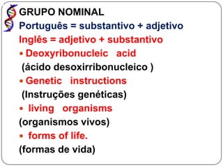 GRUPO NOMINAL
Português = substantivo + adjetivo
Inglês = adjetivo + substantivo
 Deoxyribonucleic acid
 (ácido desoxirribonucleico )
 Genetic instructions
 (Instruções genéticas)
 living organisms
(organismos vivos)
 forms of life.
(formas de vida)
 
