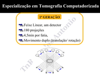 Especialização em Tomografia Computadorizada

                   1ª GERAÇÃO

         Feixe Linear, um detector
         180 projeções
         4,5min por fatia,
         Movimento duplo (translação/ rotação)
 