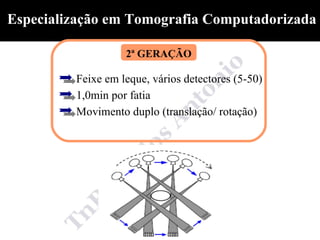 Especialização em Tomografia Computadorizada

                   2ª GERAÇÃO

         Feixe em leque, vários detectores (5-50)
         1,0min por fatia
         Movimento duplo (translação/ rotação)
 