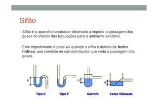 Sifão
• Sifão é o aparelho separador destinado a impedir a passagem dos
gases do interior das tubulações para o ambiente sanitário.
• Este impedimento é possível quando o sifão é dotado de fecho
hídrico, que consiste na camada líquida que veda a passagem dos
gases.
 