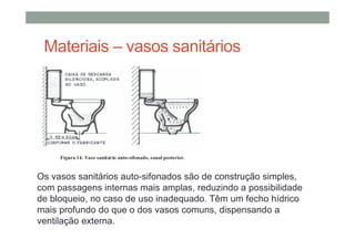 Materiais – vasos sanitários
Os vasos sanitários auto-sifonados são de construção simples,
com passagens internas mais amplas, reduzindo a possibilidade
de bloqueio, no caso de uso inadequado. Têm um fecho hídrico
mais profundo do que o dos vasos comuns, dispensando a
ventilação externa.
 