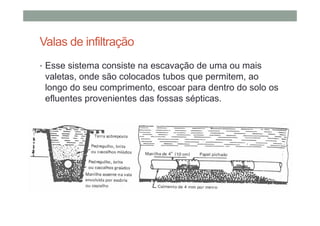 Valas de infiltração
• Esse sistema consiste na escavação de uma ou mais
valetas, onde são colocados tubos que permitem, ao
longo do seu comprimento, escoar para dentro do solo os
efluentes provenientes das fossas sépticas.
 
