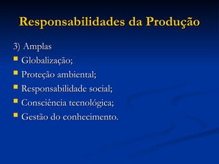 Responsabilidades da Produção
Responsabilidades da Produção
3) Amplas
3) Amplas
 Globalização;
Globalização;
 Proteção ambiental;
Proteção ambiental;
 Responsabilidade social;
Responsabilidade social;
 Consciência tecnológica;
Consciência tecnológica;
 Gestão do conhecimento.
Gestão do conhecimento.
 