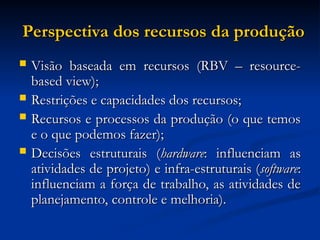 Perspectiva dos recursos da produção
Perspectiva dos recursos da produção
 Visão baseada em recursos (RBV – resource-
Visão baseada em recursos (RBV – resource-
based view);
based view);
 Restrições e capacidades dos recursos;
Restrições e capacidades dos recursos;
 Recursos e processos da produção (o que temos
Recursos e processos da produção (o que temos
e o que podemos fazer);
e o que podemos fazer);
 Decisões estruturais (
Decisões estruturais (hardware
hardware: influenciam as
: influenciam as
atividades de projeto) e infra-estruturais (
atividades de projeto) e infra-estruturais (software
software:
:
influenciam a força de trabalho, as atividades de
influenciam a força de trabalho, as atividades de
planejamento, controle e melhoria).
planejamento, controle e melhoria).
 