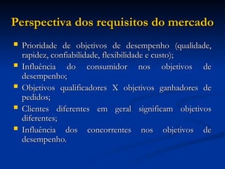 Perspectiva dos requisitos do mercado
Perspectiva dos requisitos do mercado
 Prioridade de objetivos de desempenho (qualidade,
Prioridade de objetivos de desempenho (qualidade,
rapidez, confiabilidade, flexibilidade e custo);
rapidez, confiabilidade, flexibilidade e custo);
 Influência do consumidor nos objetivos de
Influência do consumidor nos objetivos de
desempenho;
desempenho;
 Objetivos qualificadores X objetivos ganhadores de
Objetivos qualificadores X objetivos ganhadores de
pedidos;
pedidos;
 Clientes diferentes em geral significam objetivos
Clientes diferentes em geral significam objetivos
diferentes;
diferentes;
 Influência dos concorrentes nos objetivos de
Influência dos concorrentes nos objetivos de
desempenho.
desempenho.
 