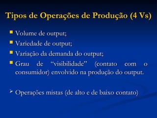 Tipos de Operações de Produção (4 Vs)
Tipos de Operações de Produção (4 Vs)
 Volume de output;
Volume de output;
 Variedade de output;
Variedade de output;
 Variação da demanda do output;
Variação da demanda do output;
 Grau de “visibilidade” (contato com o
Grau de “visibilidade” (contato com o
consumidor) envolvido na produção do output.
consumidor) envolvido na produção do output.
 Operações mistas (de alto e de baixo contato)
Operações mistas (de alto e de baixo contato)
 