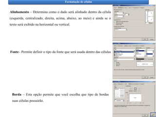 Formatação de células
Alinhamento – Determina como o dado será alinhado dentro da célula
(esquerda, centralizado, direita, acima, abaixo, ao meio) e ainda se o
texto será exibido na horizontal ou vertical.
Borda – Esta opção permite que você escolha que tipo de bordas
suas células possuirão.
Fonte– Permite definir o tipo da fonte que será usada dentro das células
13
 