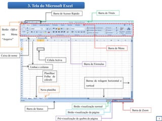 3. Tela do Microsoft Excel
Botão Office
ou Menu
“Arquivo”
Barra de Título
Célula Activa
Planilhas/
Folha de
cálculo
Barra de Menu
Barra de Fórmulas
Barra de Status
Barra de Zoom
Barra de Acesso Rápido
Linhas e colunas
Barras de rolagem horizontal e
vertical
Nova planilha
Botão visualização normal
Botão visualização da página
Pré-visualização de quebra de página
Caixa de nome
3
 