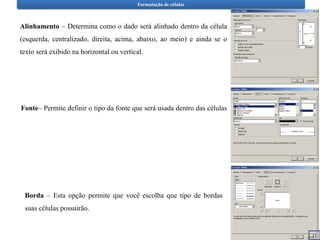 Formatação de células
Alinhamento – Determina como o dado será alinhado dentro da célula
(esquerda, centralizado, direita, acima, abaixo, ao meio) e ainda se o
texto será exibido na horizontal ou vertical.
Borda – Esta opção permite que você escolha que tipo de bordas
suas células possuirão.
Fonte– Permite definir o tipo da fonte que será usada dentro das células
13
 
