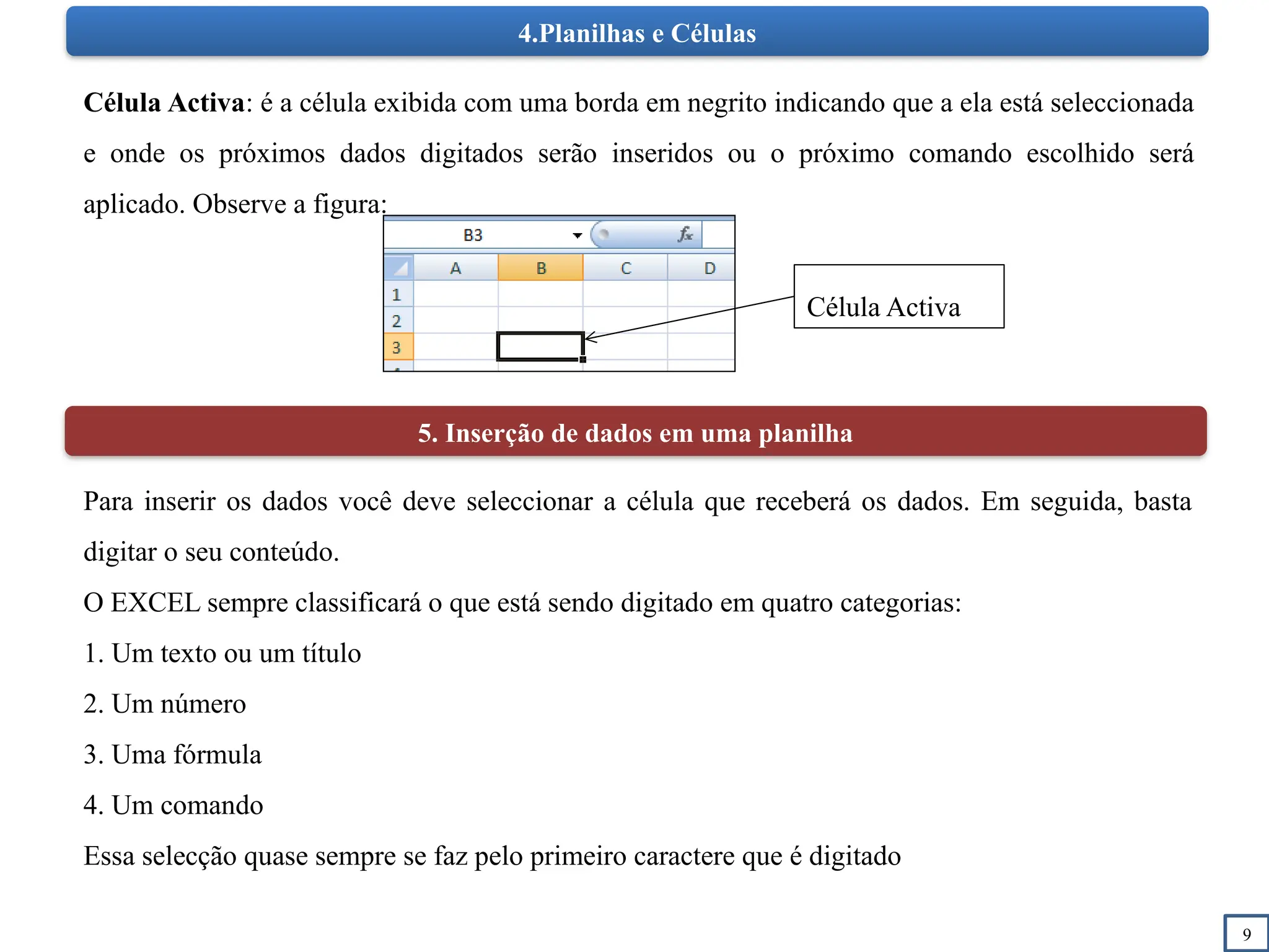 9
4.Planilhas e Células
Célula Activa: é a célula exibida com uma borda em negrito indicando que a ela está seleccionada
e onde os próximos dados digitados serão inseridos ou o próximo comando escolhido será
aplicado. Observe a figura:
Célula Activa
5. Inserção de dados em uma planilha
Para inserir os dados você deve seleccionar a célula que receberá os dados. Em seguida, basta
digitar o seu conteúdo.
O EXCEL sempre classificará o que está sendo digitado em quatro categorias:
1. Um texto ou um título
2. Um número
3. Uma fórmula
4. Um comando
Essa selecção quase sempre se faz pelo primeiro caractere que é digitado
 