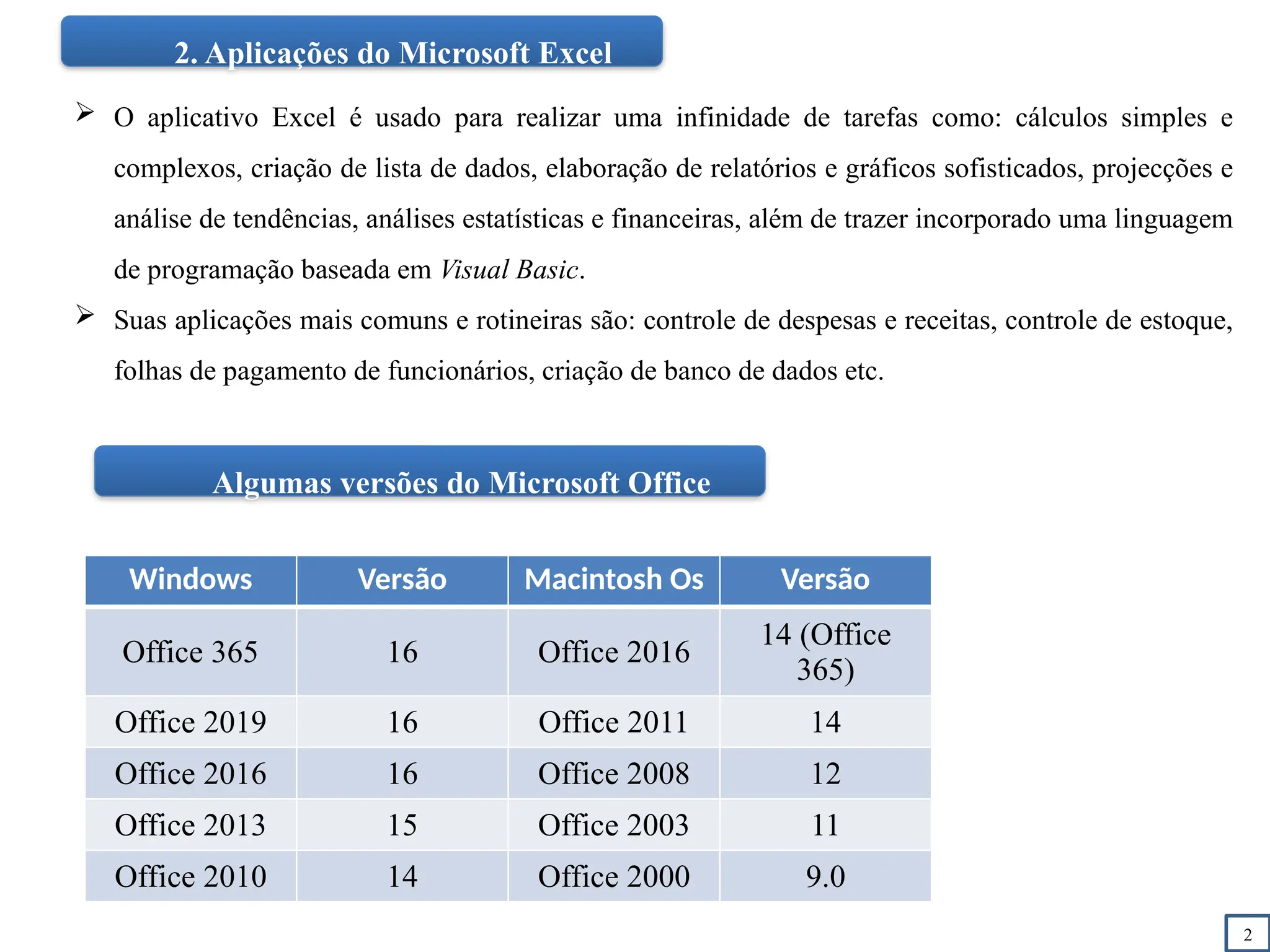 2
2. Aplicações do Microsoft Excel
 O aplicativo Excel é usado para realizar uma infinidade de tarefas como: cálculos simples e
complexos, criação de lista de dados, elaboração de relatórios e gráficos sofisticados, projecções e
análise de tendências, análises estatísticas e financeiras, além de trazer incorporado uma linguagem
de programação baseada em Visual Basic.
 Suas aplicações mais comuns e rotineiras são: controle de despesas e receitas, controle de estoque,
folhas de pagamento de funcionários, criação de banco de dados etc.
Windows Versão Macintosh Os Versão
Office 365 16 Office 2016
14 (Office
365)
Office 2019 16 Office 2011 14
Office 2016 16 Office 2008 12
Office 2013 15 Office 2003 11
Office 2010 14 Office 2000 9.0
Algumas versões do Microsoft Office
 