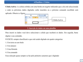 9
4.Planilhas e Células
Célula Activa: é a célula exibida com uma borda em negrito indicando que a ela está seleccionada
e onde os próximos dados digitados serão inseridos ou o próximo comando escolhido será
aplicado. Observe a figura:
Célula Activa
5. Inserção de dados em uma planilha
Para inserir os dados você deve seleccionar a célula que receberá os dados. Em seguida, basta
digitar o seu conteúdo.
O EXCEL sempre classificará o que está sendo digitado em quatro categorias:
1. Um texto ou um título
2. Um número
3. Uma fórmula
4. Um comando
Essa selecção quase sempre se faz pelo primeiro caractere que é digitado
 