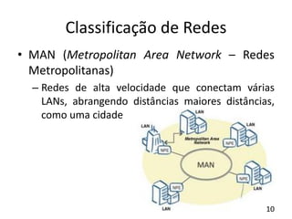 Classificação de Redes
• MAN (Metropolitan Area Network – Redes
Metropolitanas)
– Redes de alta velocidade que conectam várias
LANs, abrangendo distâncias maiores distâncias,
como uma cidade
10
 