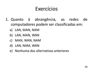 Exercícios
1. Quanto à abrangência, as redes de
computadores podem ser classificadas em:
a) LAN, MAN, NAM
b) LAN, MAN, WAN
c) MAN, WAN, NAM
d) LAN, NAM, WAN
e) Nenhuma das alternativas anteriores
20
 