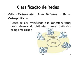 Classificação de Redes
• MAN (Metropolitan Area Network – Redes
Metropolitanas)
– Redes de alta velocidade que conectam vá...