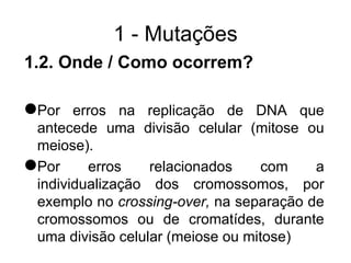 1 - Mutações
1.2. Onde / Como ocorrem?
Por erros na replicação de DNA que
antecede uma divisão celular (mitose ou
meiose).
Por erros relacionados com a
individualização dos cromossomos, por
exemplo no crossing-over, na separação de
cromossomos ou de cromatídes, durante
uma divisão celular (meiose ou mitose)
 