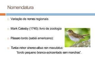 Nomenclatura
 Variação de nomes regionais
 Mark Catesby (1740): livro de zoologia
 Pássaro tordo (sabiá americano):
 T...