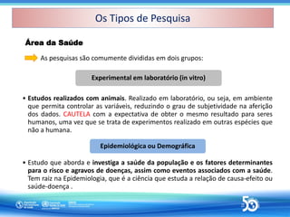Área da Saúde
Experimental em laboratório (in vitro)
• Estudos realizados com animais. Realizado em laboratório, ou seja, em ambiente
que permita controlar as variáveis, reduzindo o grau de subjetividade na aferição
dos dados. CAUTELA com a expectativa de obter o mesmo resultado para seres
humanos, uma vez que se trata de experimentos realizado em outras espécies que
não a humana.
Epidemiológica ou Demográfica
• Estudo que aborda e investiga a saúde da população e os fatores determinantes
para o risco e agravos de doenças, assim como eventos associados com a saúde.
Tem raiz na Epidemiologia, que é a ciência que estuda a relação de causa-efeito ou
saúde-doença .
As pesquisas são comumente divididas em dois grupos:
Os Tipos de Pesquisa
Os Tipos de Pesquisa
 