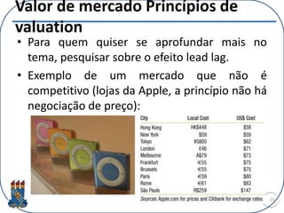 Valor de mercado Princípios de
valuation
• Para quem quiser se aprofundar mais no
tema, pesquisar sobre o efeito lead lag.
• Exemplo de um mercado que não é
competitivo (lojas da Apple, a princípio não há
negociação de preço):
15
 