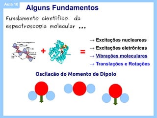 Aula 10
          Alguns Fundamentos
Fundamento científico     da
espectroscopia molecular ...

                                → Excitações nuclearees

             +              =
                                → Excitações eletrônicas
                                → Vibrações moleculares
                                → Translações e Rotações

            Oscilacão do Momento de Dipolo
 
