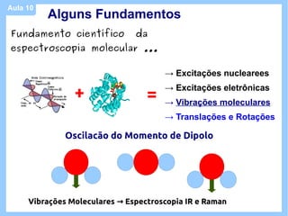 Aula 10
          Alguns Fundamentos
Fundamento científico          da
espectroscopia molecular ...

                                      → Excitações nuclearees

                +                 =
                                      → Excitações eletrônicas
                                      → Vibrações moleculares
                                      → Translações e Rotações

              Oscilacão do Momento de Dipolo




     Vibrações Moleculares → Espectroscopia IR e Raman
 