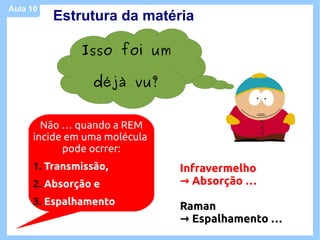 Aula 10
          Estrutura da matéria

               Isso foi um

                 déjà vu?


        Não … quando a REM
      incide em uma molécula
            pode ocrrer:
      1. Transmissão,          Infravermelho
      2. Absorção e            → Absorção …
      3. Espalhamento          Raman
                               → Espalhamento …
 