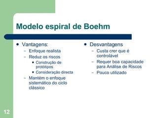 Modelo espiral de Boehm Vantagens: Enfoque realista Reduz os riscos Construção de protótipos Consideração directa Mantém o enfoque sistemático do ciclo clássico Desvantagens Custa crer que é controlável Requer boa capacidade para Análise de Riscos Pouco utilizado 