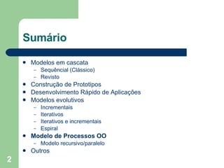 Sumário Modelos em cascata Sequêncial (Clássico) Revisto Construção de Prototipos Desenvolvimento Rápido de Aplicações Modelos evolutivos Incrementais Iterativos Iterativos e incrementais Espiral Modelo de Processos OO Modelo recursivo/paralelo Outros 