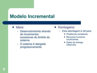 Modelo Incremental Ideia:  Desenvolvimento através de incrementos sucessivas do âmbito do sistema O sistema é alargado progressivamente Vantagens: Esta abordagem é útil para Problemas complexos Recursos humanos insuficientes Datas de entrega inflexíveis 