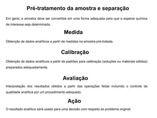 Pré-tratamento da amostra e separação
Em geral, a amostra deve ser convertida em uma forma adequada para que a espécie química
de interesse seja determinada.
Medida
Obtenção de dados analíticos a partir de medidas na amostra pré-tratada.
Calibração
Obtenção de dados analíticos a partir de padrões para calibração (soluções ou materiais sólidos)
preparados adequadamente.
Avaliação
Interpretação dos resultados obtidos a partir das operações feitas incluindo o controle de
qualidade analítica por um procedimento adequado.
Ação
O resultado analítico será usado para uma decisão com respeito ao problema original.
 