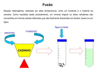 Fusão
Reação heterogênea, realizada em altas temperaturas, entre um fundente e o material da
amostra. Como resultado deste procedimento, um mineral original ou fases refratárias são
convertidas em formas sólidas diferentes que são facilmente dissolvidas em ácidos, bases ou em
água.
CADINHO
FUNDENTE
AMOSTRA
Água ou Ácido
 