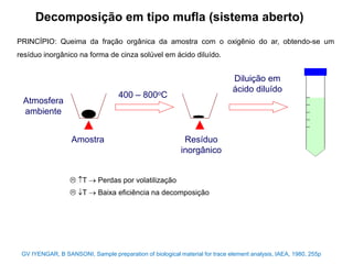 Decomposição em tipo mufla (sistema aberto)
PRINCÍPIO: Queima da fração orgânica da amostra com o oxigênio do ar, obtendo-se um
resíduo inorgânico na forma de cinza solúvel em ácido diluído.
Atmosfera
ambiente
Amostra Resíduo
inorgânico
Diluição em
ácido diluído
400 – 800oC
 T  Perdas por volatilização
 T  Baixa eficiência na decomposição
GV IYENGAR, B SANSONI, Sample preparation of biological material for trace element analysis, IAEA, 1980, 255p
 