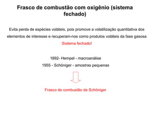Frasco de combustão com oxigênio (sistema
fechado)
Frasco de combustão de Schöniger
1892- Hempel - macroanálise
1955 - Schöniger - amostras pequenas
Evita perda de espécies voláteis, pois promove a volatilização quantitativa dos
elementos de interesse e recuperam-nos como produtos voláteis da fase gasosa
Sistema fechado!
 