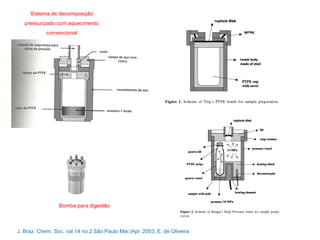 Sistema de decomposição
pressurizado com aquecimento
convencional
Bomba para digestão
J. Braz. Chem. Soc. vol.14 no.2 São Paulo Mar./Apr. 2003, E. de Oliveira
 