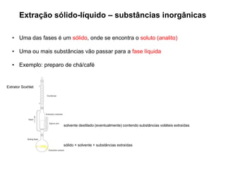 Extração sólido-líquido – substâncias inorgânicas
• Uma das fases é um sólido, onde se encontra o soluto (analito)
• Uma ou mais substâncias vão passar para a fase líquida
• Exemplo: preparo de chá/café
Extrator Soxhlet
sólido + solvente + substâncias extraídas
solvente destilado (eventualmente) contendo substâncias voláteis extraídas
 