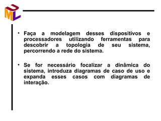Faça a modelagem desses dispositivos e processadores utilizando ferramentas para descobrir a topologia de seu sistema, percorrendo a rede do sistema. Se for necessário focalizar a dinâmica do sistema, introduza diagramas de caso de uso e expanda esses casos com diagramas de interação. 
