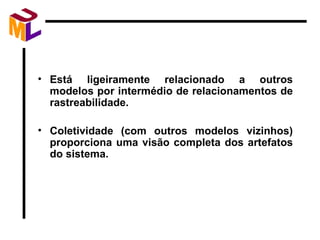 Está ligeiramente relacionado a outros modelos por intermédio de relacionamentos de rastreabilidade. Coletividade (com outros modelos vizinhos) proporciona uma visão completa dos artefatos do sistema. 